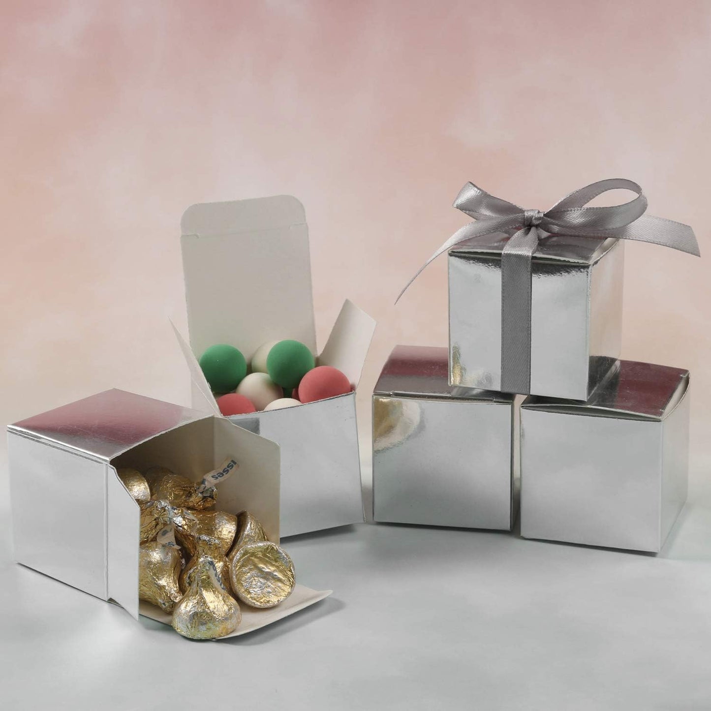 COTOPHER 60pcs Wedding Favor Boxes, Paper Gift Boxes 3x3x3 Inches Small Gift Boxes with Ribbons Small Boxes for Gifts, Crafting, Cupcake, Candy, Bridesmaid Proposal Boxes (Metallic Silver)
