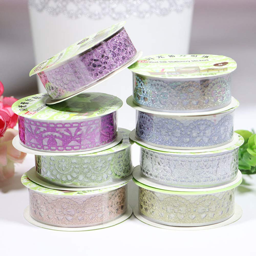 SallyFashion Washi Tape for Scrapbooking, 6 Roll Lace Pattern Glitter Tape in 6 Colors for Journaling, DIY Craft Projects, Card Making