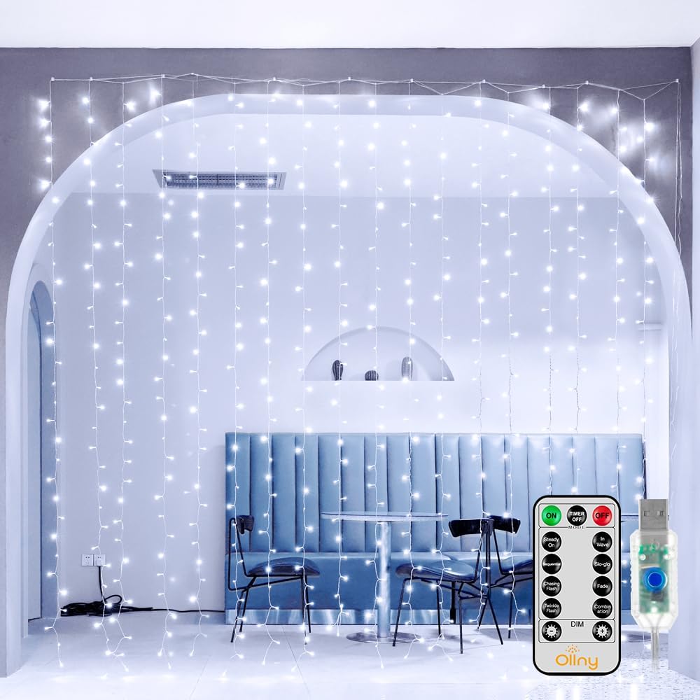 Ollny 300 LED 9.8ftx9.8ft Outdoor Waterproof Christmas Curtain Lights with Remote Timer 8 Modes, USB Powered, Cool White