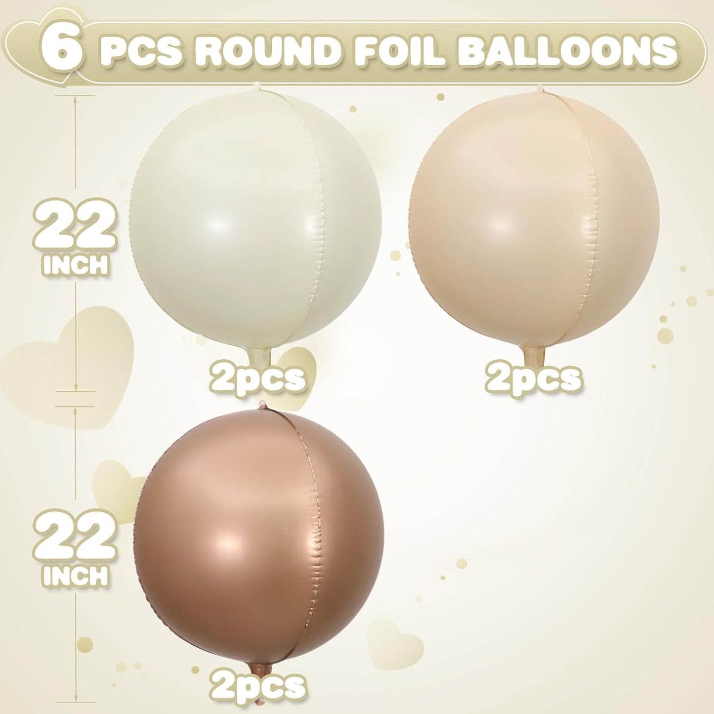 Sand White Brown Round Foil Balloons 6Pcs,Giant 4D Round Ball Balloons,22 Inch Boho Cream Nude Beige Balloon for Birthday Baby Shower Engagement Party Decorations