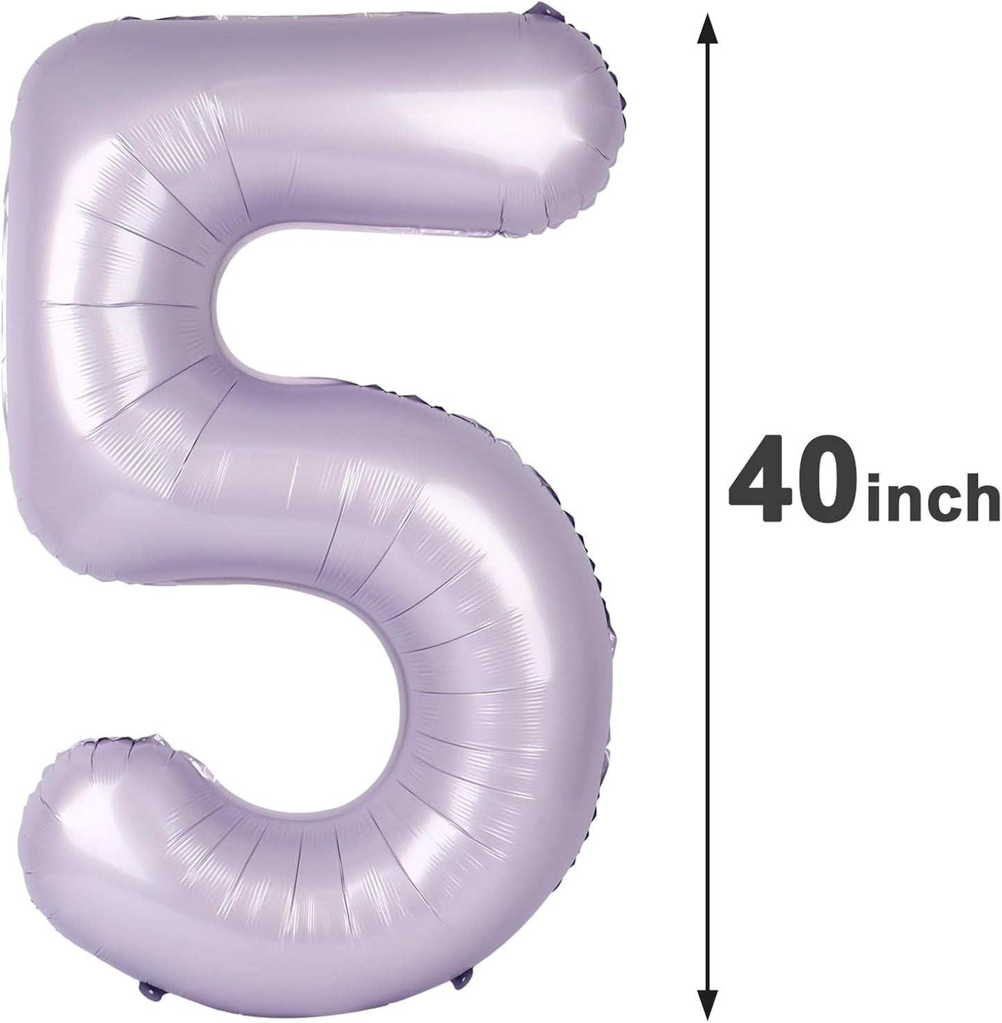 Lilac 40 Inch Large Number 5 Birthday Balloon, Five 5th 15 25 35 50 55 Birthday Celebration Decorations, Lavender Foil 5 Mylar Helium Balloons Girl Boy Anniversary Party Supplies