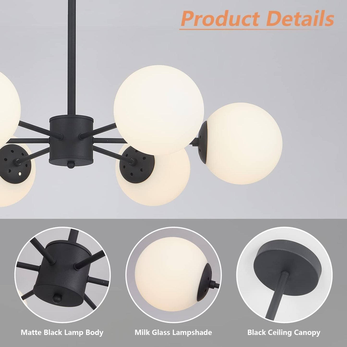 KCO Lighting Matte Black Sputnik Chandelier Light Fixture Mid Century 6-Light Milk Glass Ball Chandelier Modern Globe Flush Mount Ceiling Light Kitchen Island Dining Lighting Fixture (Black+White)
