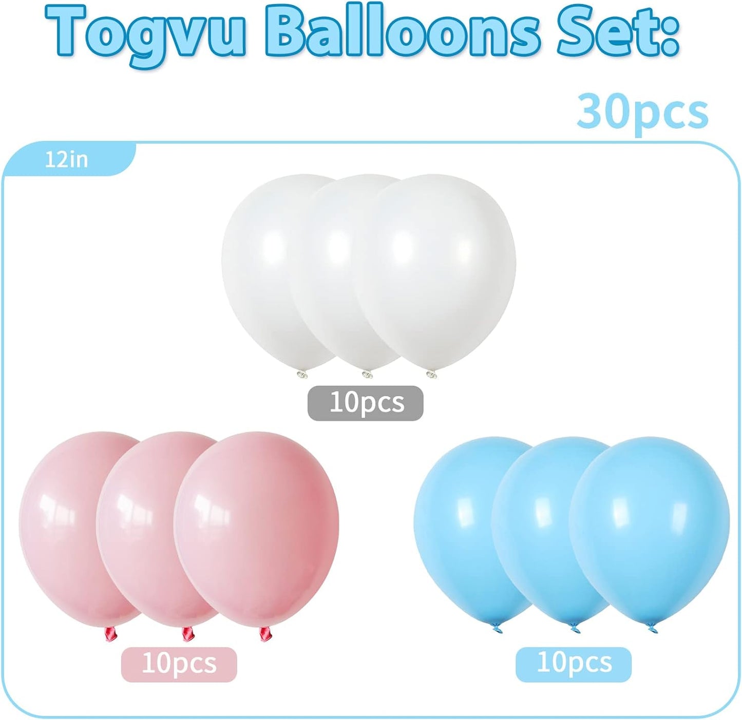 Pink Blue White balloons, 30 Pieces Pastel Pink White Blue Latex Balloons, 12 Inch Baby Pink Blue Party Balloons Set Gender Reveal Party Decorations for Boy or Girl Party Baby Shower Birthday Party