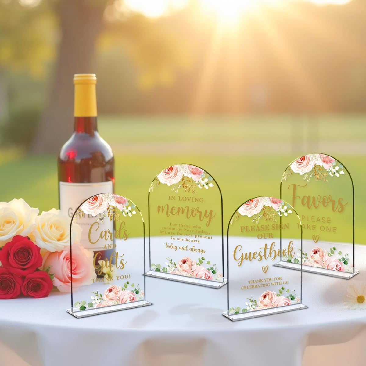 4 Pcs Acrylic Wedding Signs for Reception, Bridal Shower Decorations, Cards and Gifts Signs, Guest Book Sign, Arch Acrylic Table Top Sign with Holder for Wedding Reception (Clear Pink Flowers)