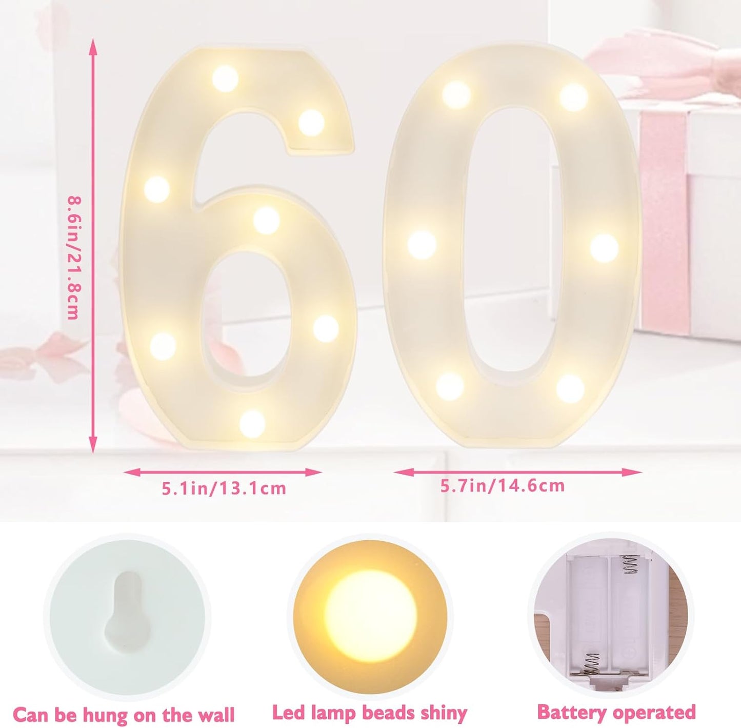 LED Marquee Letter Lights, Decorative Light Up Numbers for 60th Birthday Party, Battery Operated, Warm White Small Marquee 60 Sign for Anniversary Decorations