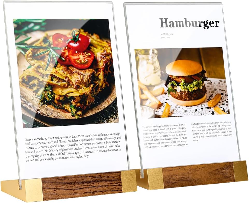 Acrylic Mini Sign Holder 4x6 Inch with Wood-Color Base, Acrylic Tabletop Display Sign Frame Vertical Clear for Store/Coffee Shop/Restaurant Menu Hotel/Office Display Holder, 2 Pack L Shape