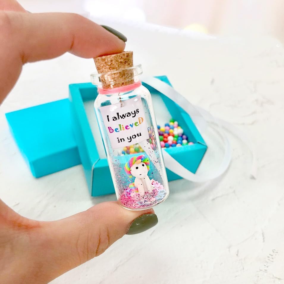 Kseniya Revta Inspirational Message in a Bottle Gift Idea - Classy Gifts for Friends and Family - Unique Boyfriend Girlfriend Presents (White Unicorn - I Always Believed in You, in Teal Gift Box)