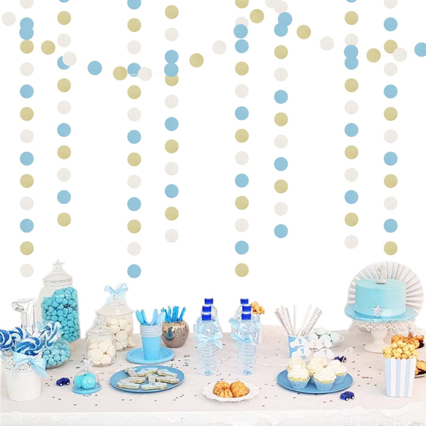 Light-Dusty Blue Beige-Gold Boho Party-Decorations - 64Ft Men Boy Birthday Paper Streamers Garland,Baby Bridal Shower Bachelorette Wedding Engagement Graduation Supplies Backdrop Decor Ouruola