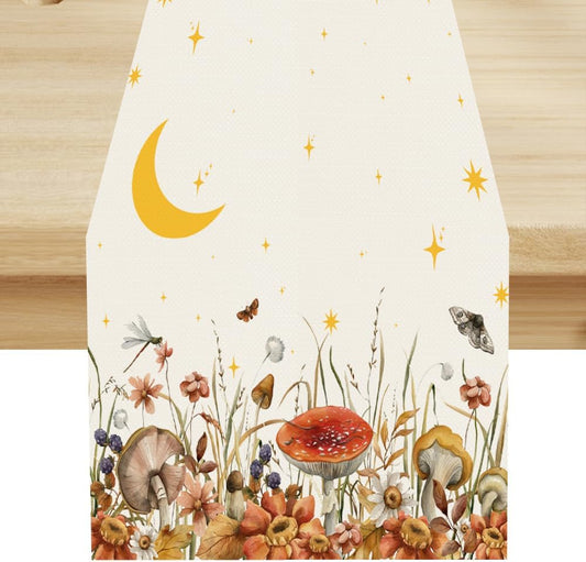 Mushroom Kitchen Table Runner, Gothic Moon Star Plants Witchy Moonlit Flower Butterfly Table Runner for Kitchen Dinner Living Room Drapes, 13x108 Inch White