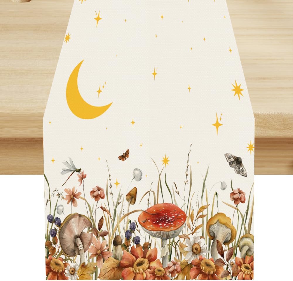 Mushroom Kitchen Table Runner, Gothic Moon Star Plants Witchy Moonlit Flower Butterfly Table Runner for Kitchen Dinner Living Room Drapes, 13x120 Inch White