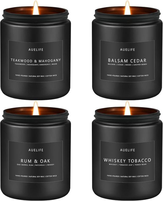 Scented Candles Set | Candle Gifts for Men - Masculine Candle, Soy Candles for Home Scented - 4 Pack Aromatherapy Gift for Dad Fathers Day- Scent of Teakwood & Mahogany/Whiskey Tobacco/Rum & Oak/Cedar