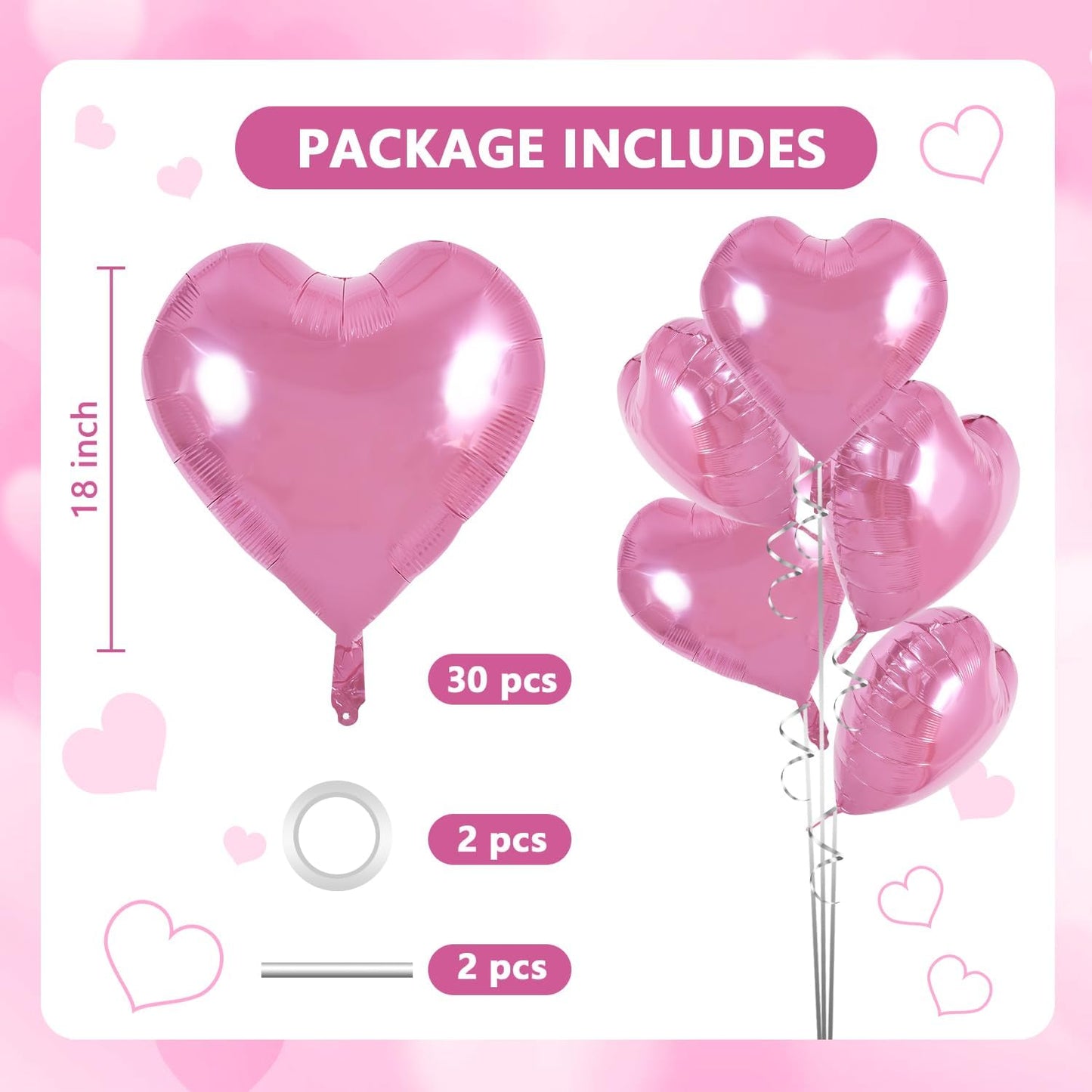 TONIFUL 30Pcs 18 Inch Pink Heart Balloons Pink Heart Shape Foil Mylar Balloons Decoration for Birthday Valentine's Day Wedding Bridal Shower Anniversary Engagement Party Supplies