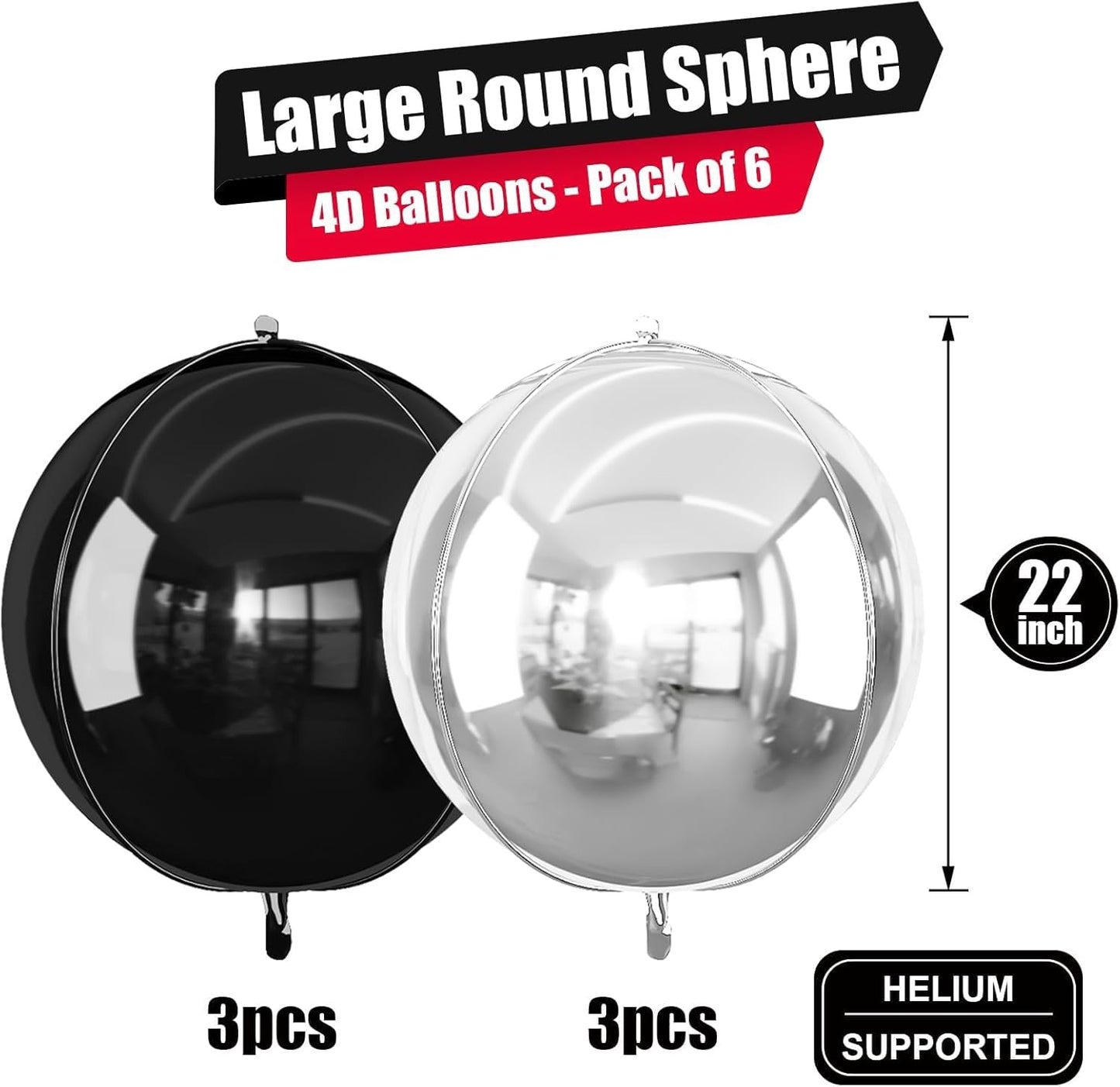 6Pcs Black Silver Round Foil Balloons, 22inch 4D Metallic Silver Black Balloons, Large Round Foil Ball Balloon for Birthday Graduation Christmas New Year Eve Disco Party Backdrop Decorations