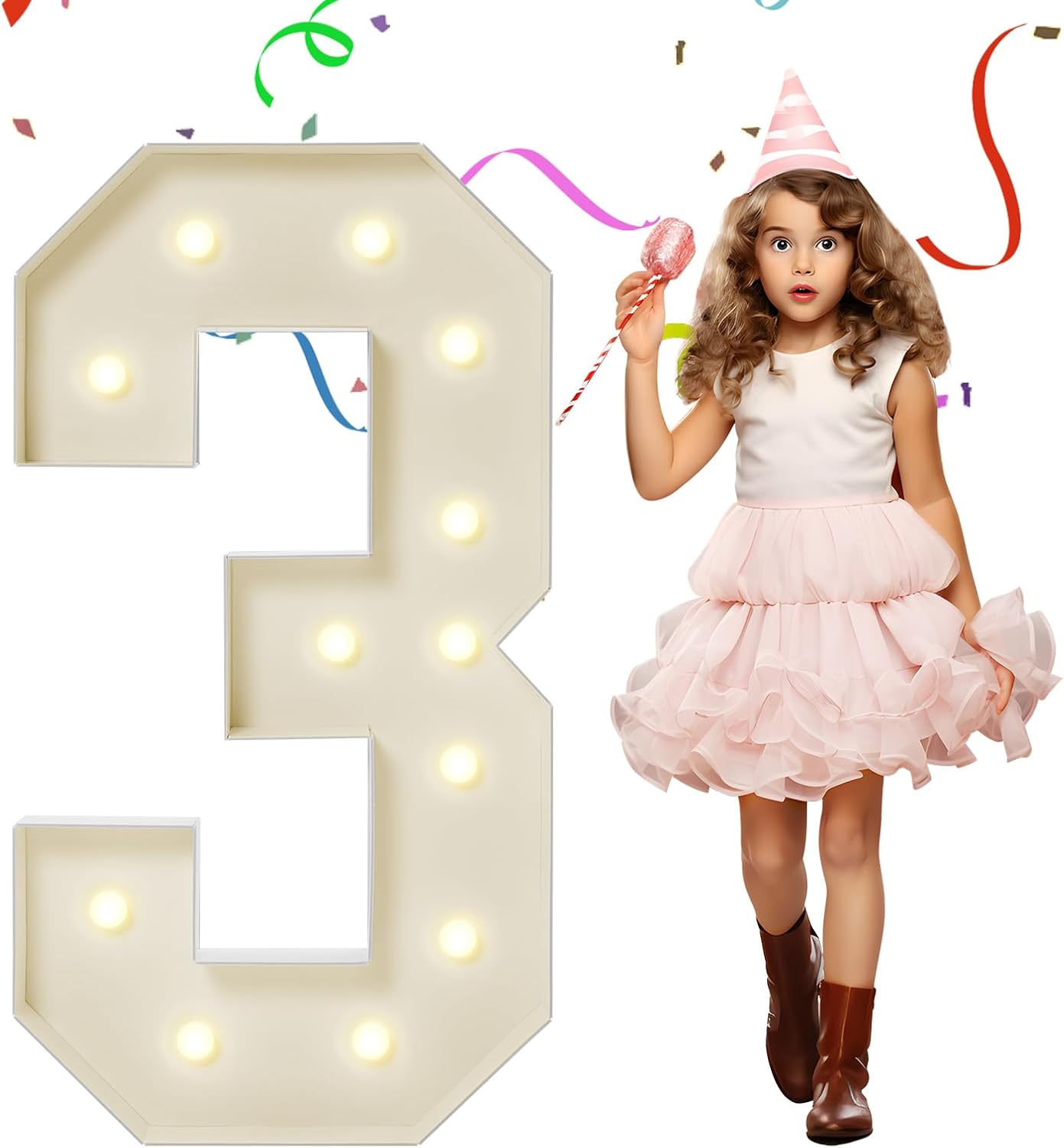 4FT Marquee Numbers, Large Light Up Numbers 3 for 3rd 13th 23th Birthday Party Decorations, Giant Light Up Number Anniversary Decor, 4 Feet Mosaic Number 3 with LED Lights DIY Kit