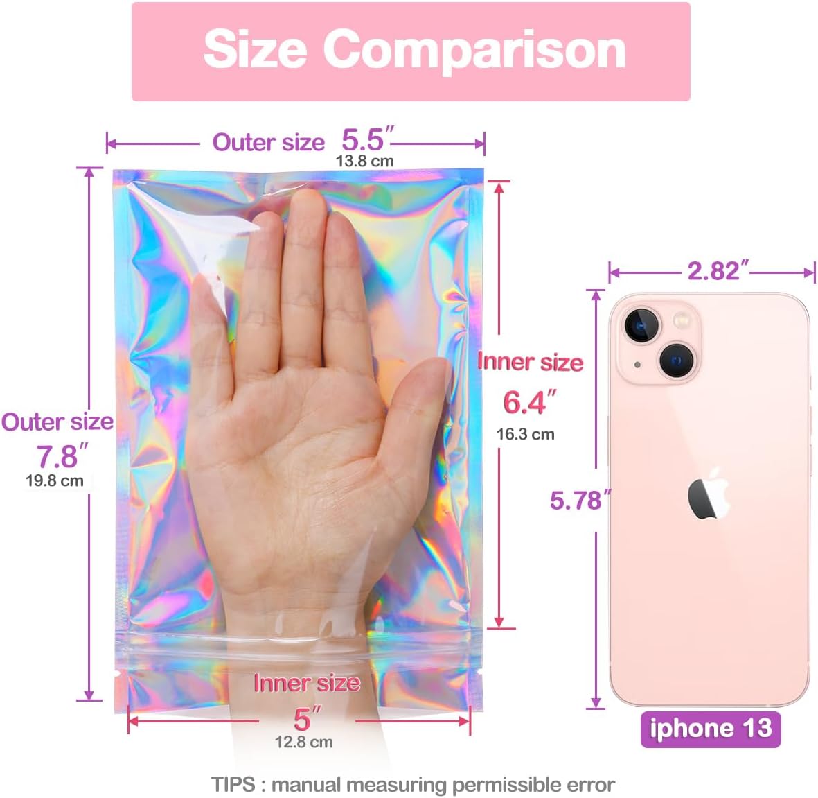 Smell Proof Bags & Resealable Foil Pouch Mylar Sample Bag Great for Party Favor Food Storage (Holographic Color) (50Pcs-5.5x8 Inch)