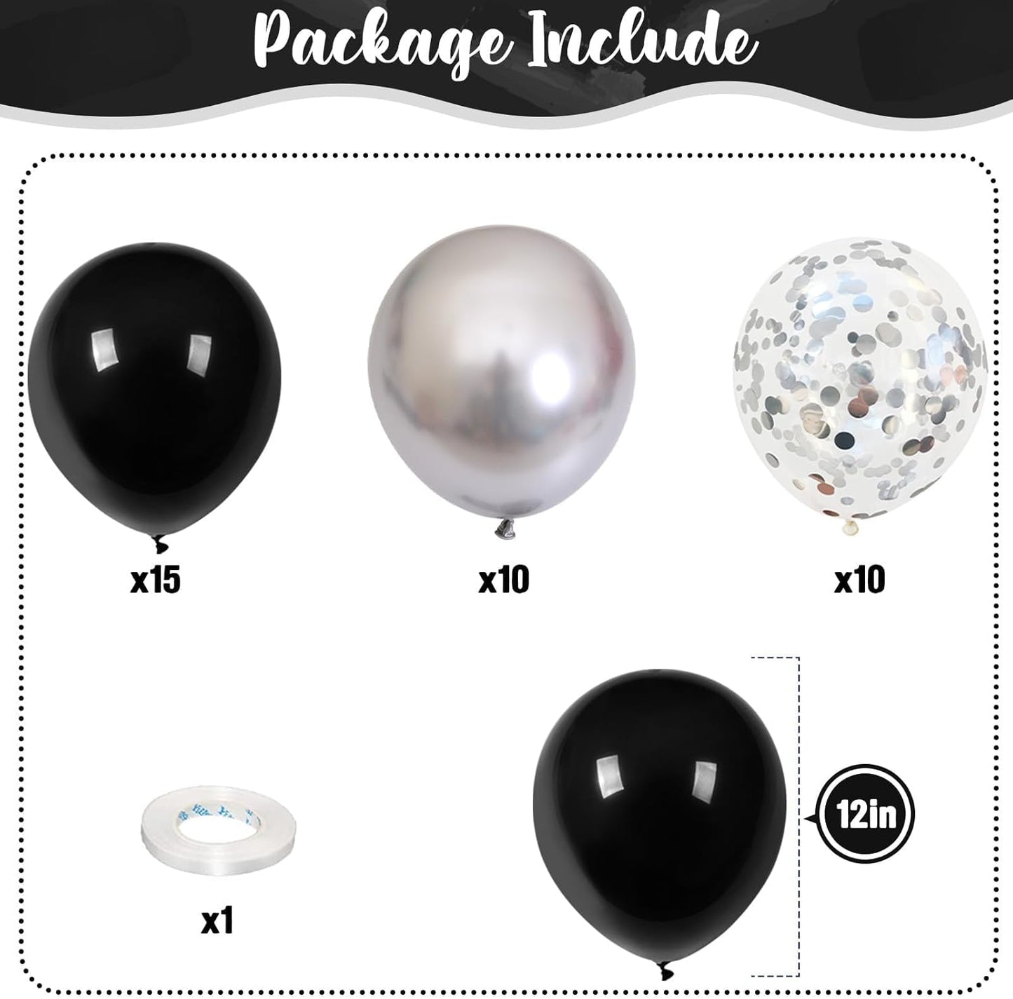 Black and Silver Balloons, 12 Inch Metallic Chrome Black Silver Confetti Latex Helium Balloons for Men Boys Birthday Baby Shower Wedding Engagement Halloween New Year Bachelorette Party Decorations