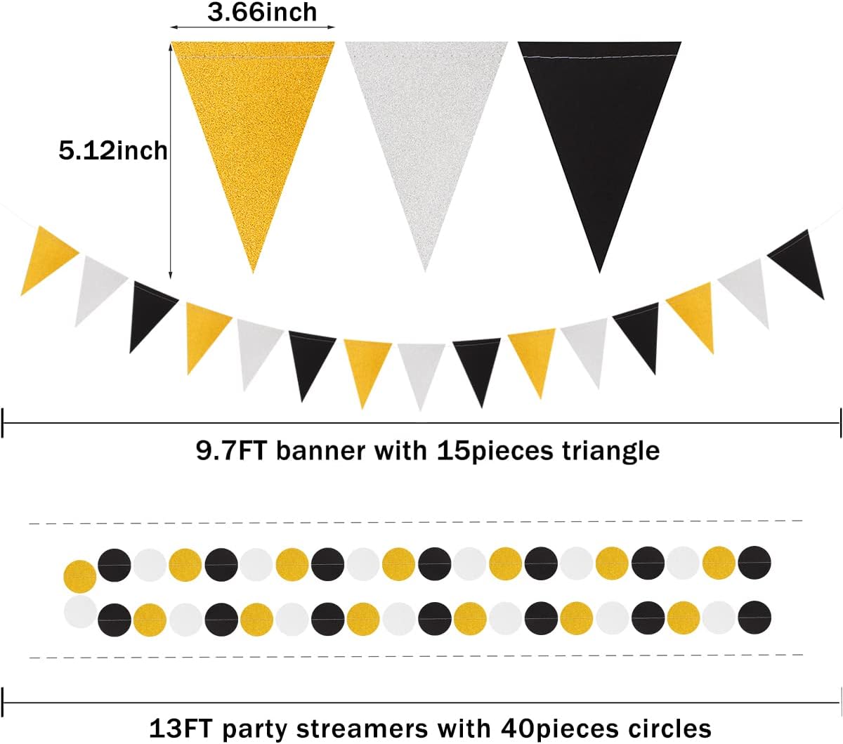 Silver Black Gold Party Decorations - 23pcs Tissue Paper Flowers Pom Poms Tassel Garland Pennant Banner Flags Streamers Birthday New Years Eve Retirement Graduation Classroom Hanging Decor Supplies