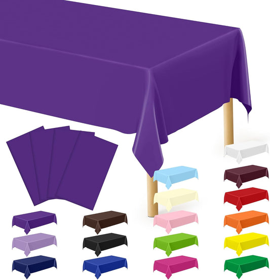 QZYL 4 PCS Plastic Table Cloth, 54" x 108" Purple Picnic Table Cover, for 6 to 8 Foot Tables, Rectangle Tablecloth for Birthday, BBQ, Wedding and Party Decorations, Indoor Outdoor Home Essentials