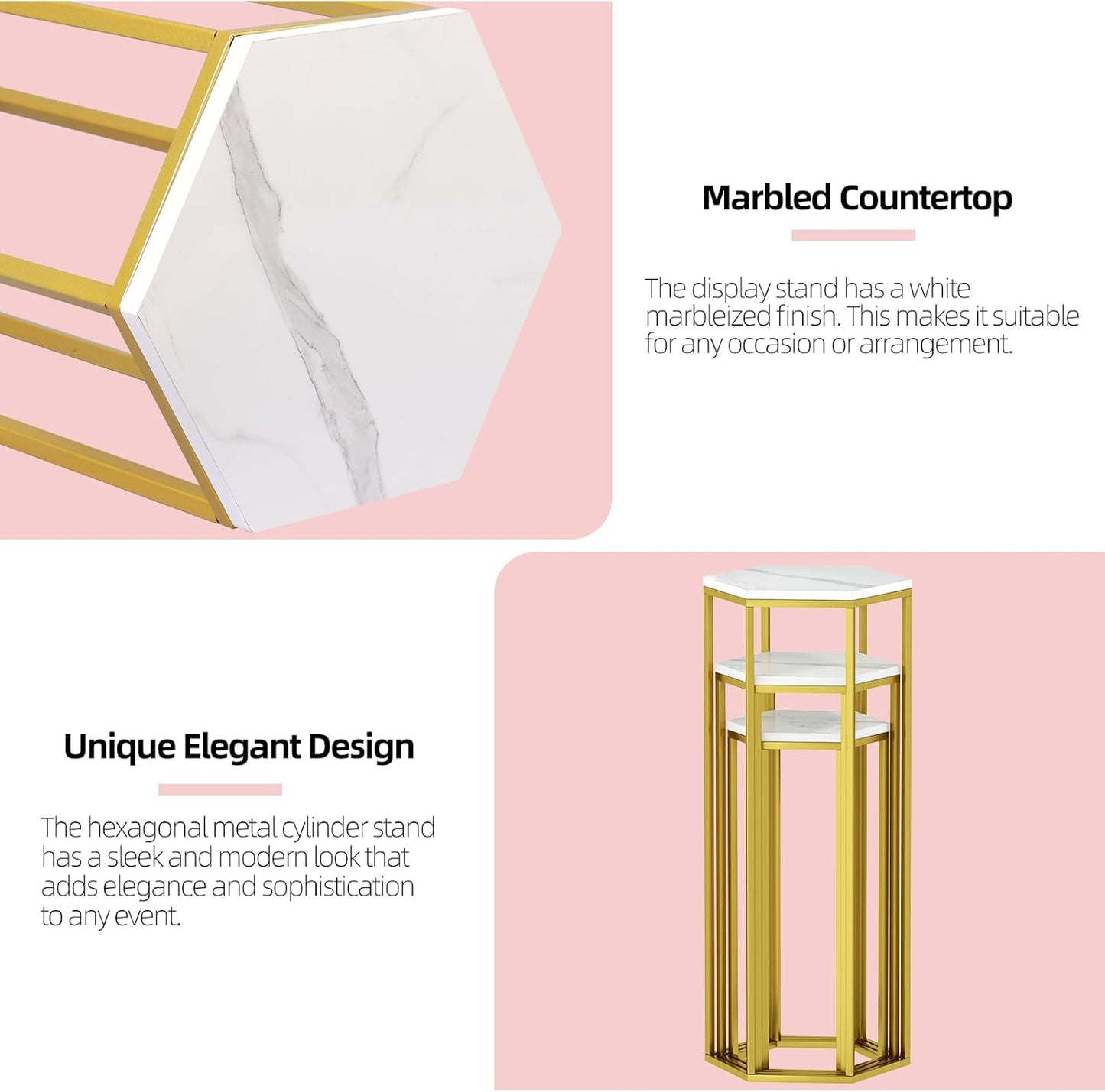 Urban Deco Cylinder Stands for Party, Set of 3 Gold Metal Hexagon Cake Pedestal Stand with Marbled Countertop, Flower Plant Pedestal Stands for Display Parties Wedding Birthday Decor, 3PCS, Gold