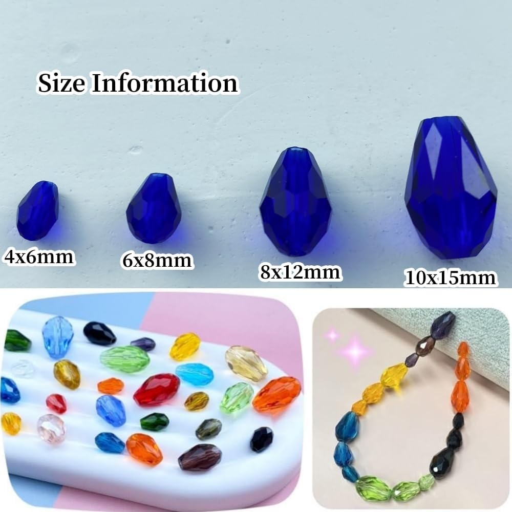 130pcs 6x8mm Teardrop Crystal Glass Beads Vertical Hole Faceted Glass Teardrop Spacer Beads for Bracelets Necklace Earring DIY Jewelry Making Craft(Sapphire Blue)