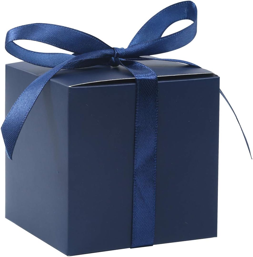 COTOPHER 60pcs Wedding Favor Boxes, Paper Gift Boxes 3x3x3 Inches Small Gift Boxes with Ribbons Small Boxes for Gifts, Crafting, Cupcake, Candy, Bridesmaid Proposal Boxes，Easy Assemble Boxes (Navy)