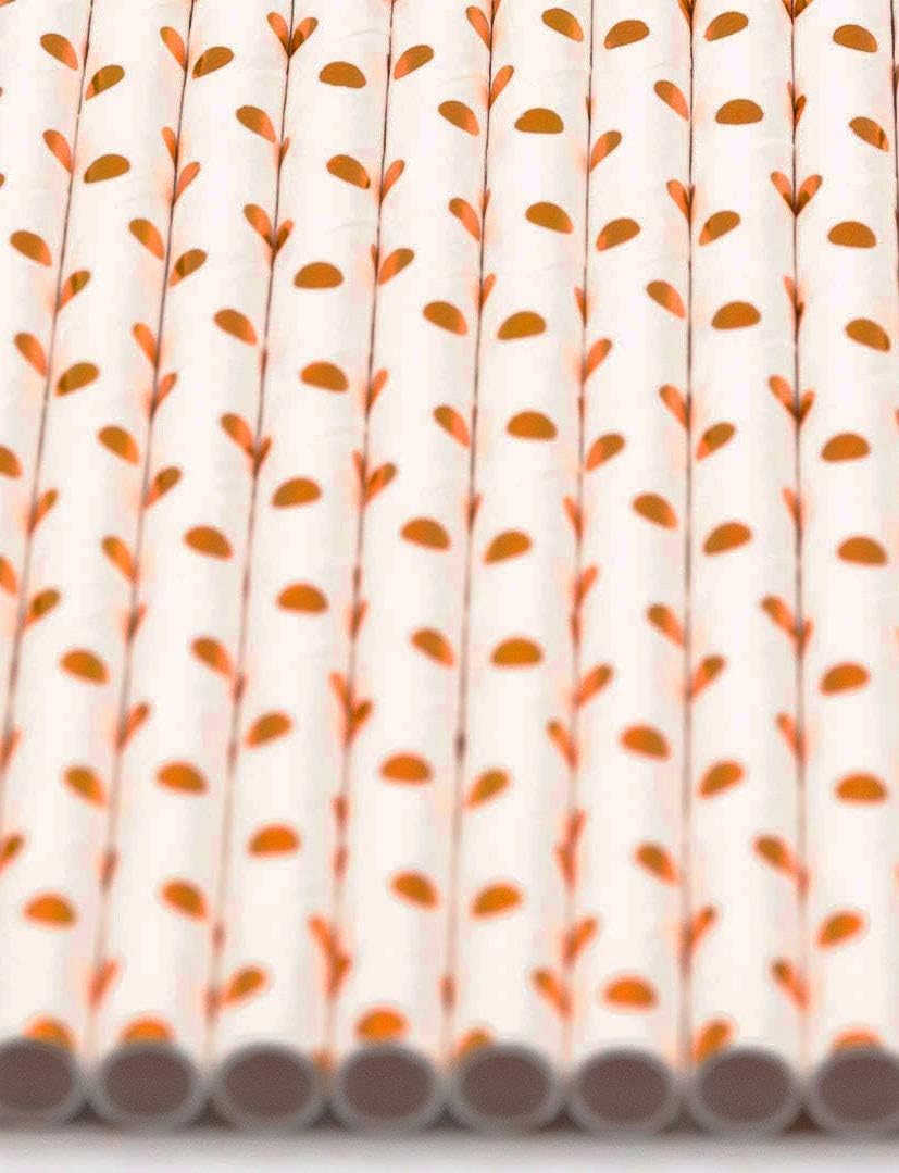 Pack of 900 Rose Gold Polka Dot Foil Biodegradable 4-Ply Paper Drinking Straws (Compostable, Non-toxic, BPA-free)