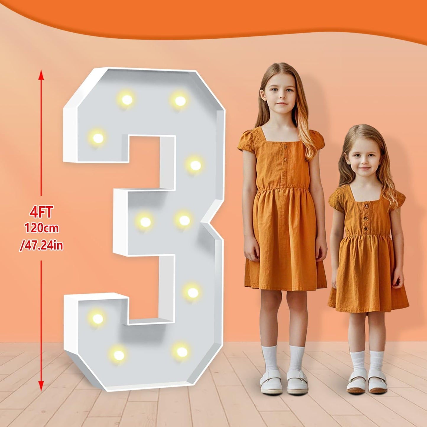 4FT Light Up Numbers 3, 47 inch Tall Marquee Numbers, DIY Marquee Light Up Numbers for 3rd 13th 30th Birthday Party Backdrop Displays, Mosaic Number Sign for Balloons Party, Anniversary