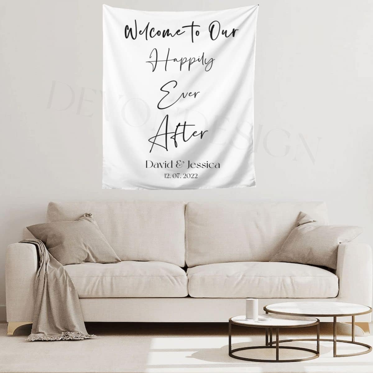 Welcome to Our Happily Ever After Backdrop - Custom Tapestry With Names and Date, Rustic Wedding Sign, Personalized Calligraphy Banner for Ceremony, Arch, Reception