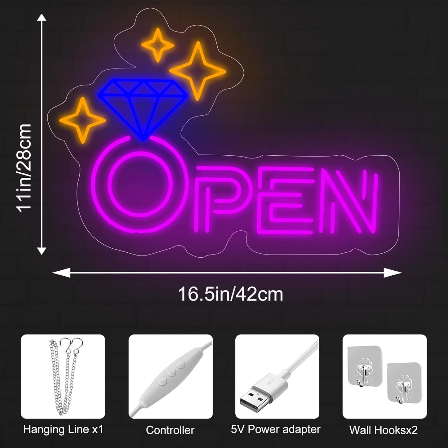 Diamond Open Indoor Neon Sign For Jewelry Store Custom Led Neon Sign Business Decor Store Decor Diamond LED Light Wall Art Decoration, 16.5"x11", Purple