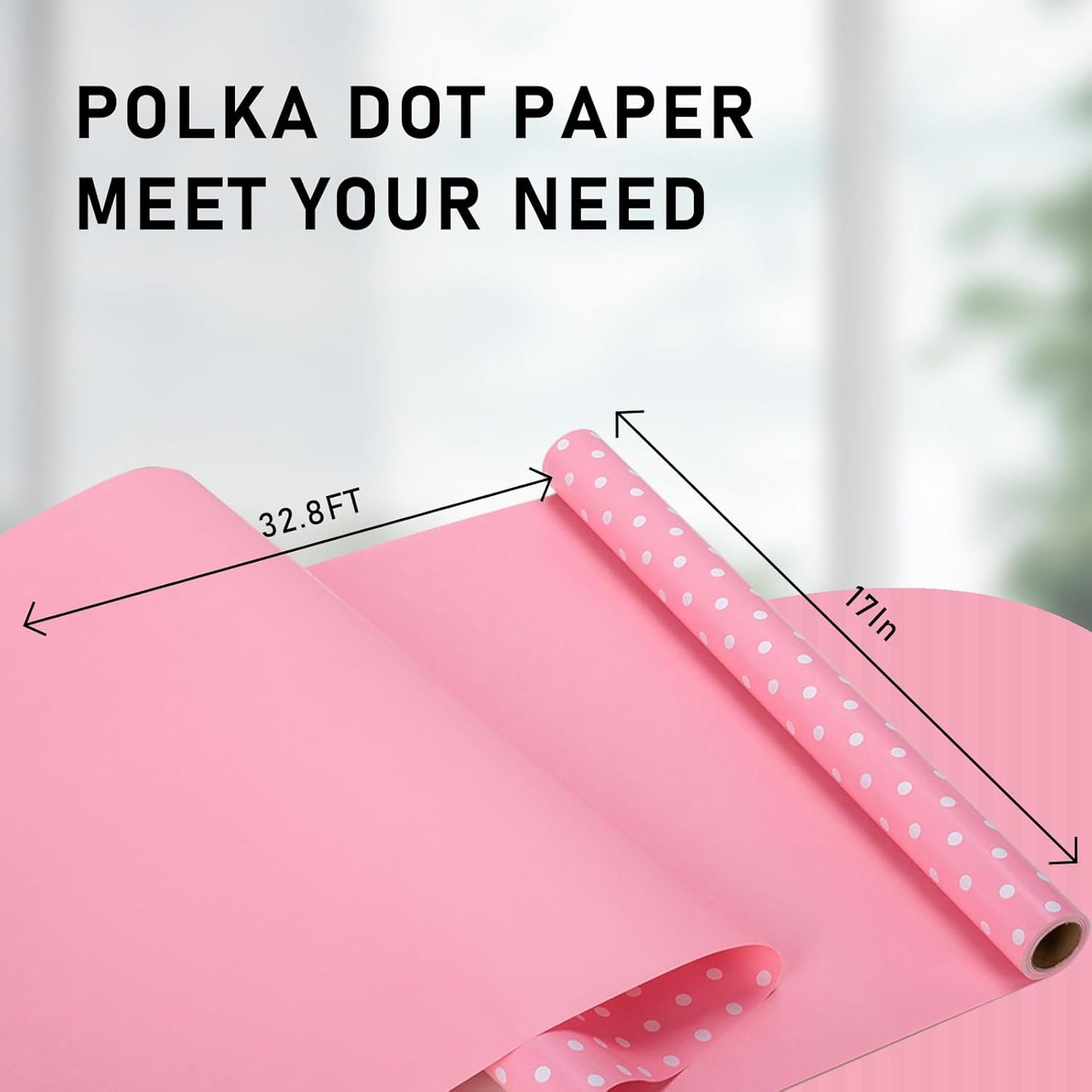 Flyhill Pink Wrapping Paper Roll,Reversible Gift Wrap Paper with Polka Dot Design for Girls,Birthday,Wedding,Baby Shower,All Holidays(17 Inch X 32.8 Feet)