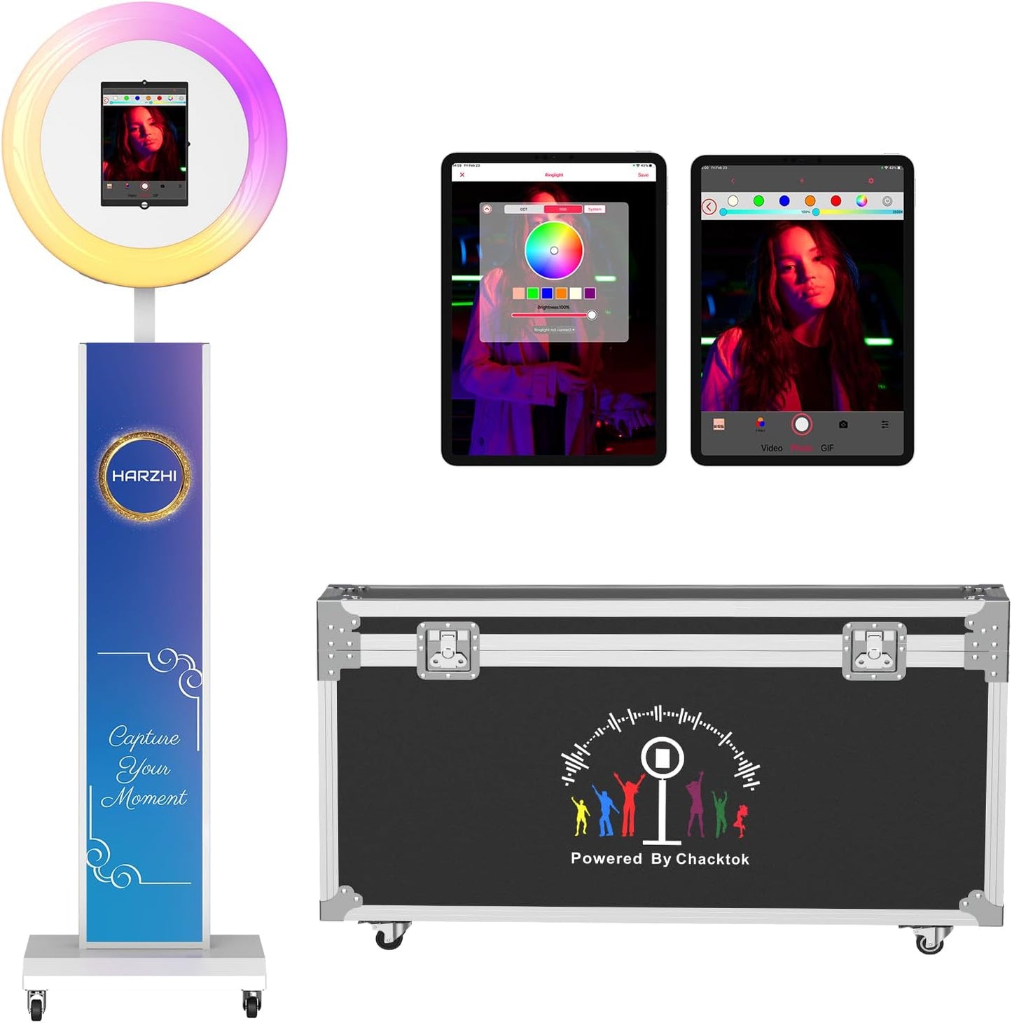 HARZHI Portable Photo Booth Compatible with Ipad, Large Lightbox Ipad Photo Booth for Christmas Wedding Party Provide ChackTok Software APP VIP, Free Custome Logo, Flight Case White