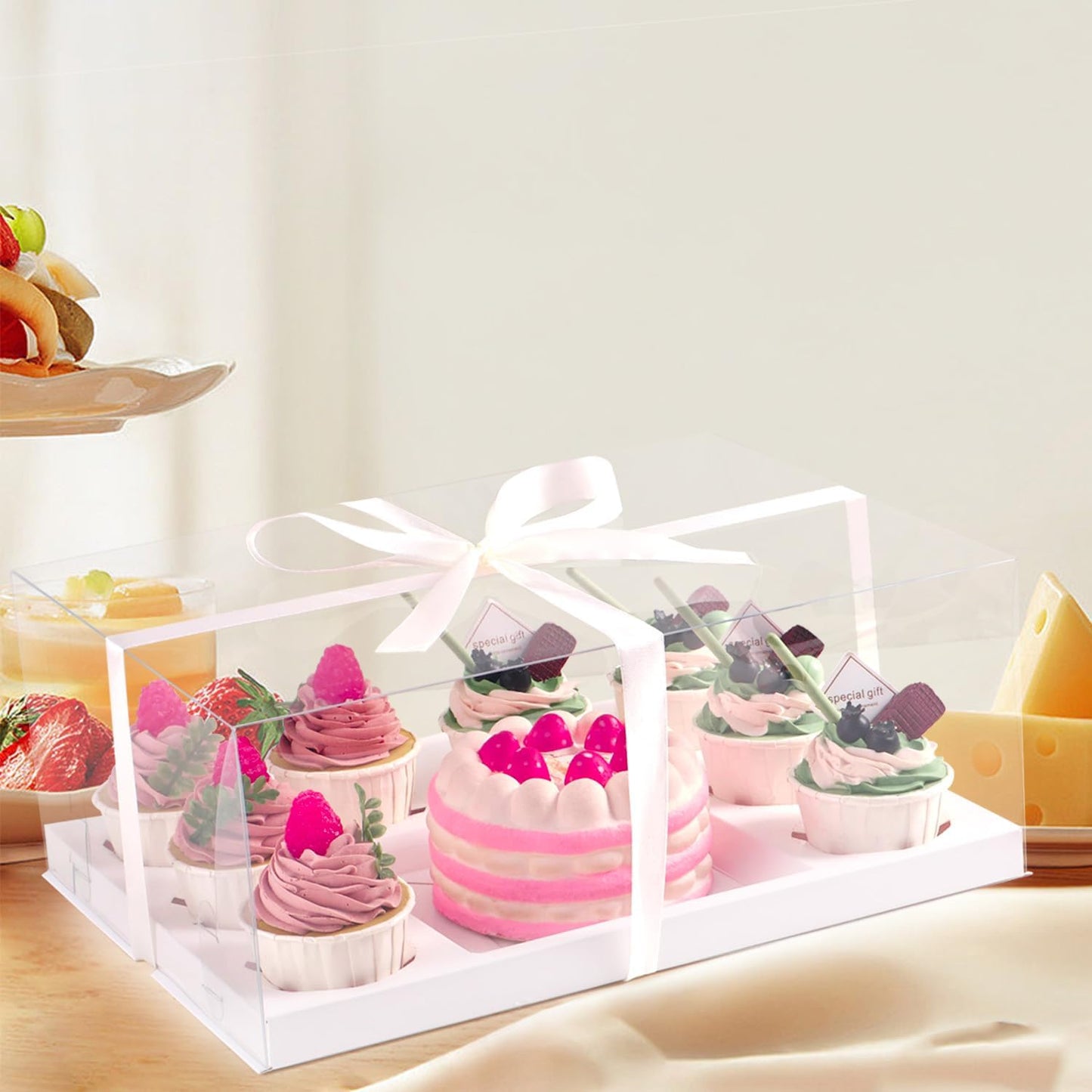 JCD 3 Pcs Bento Clear Boxes 1 mini Cake and 8 Cupcakes Box Cake Cupcake Combo Box Rectangle Cupcake Holder for Treats, Dessert Boxes, Muffins (1+8/3Pcs)