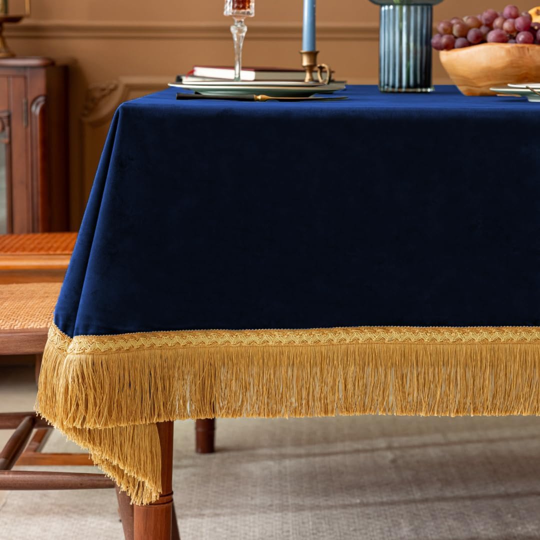 F-CHU Blue Tablecloth Thickset Velvet Tablecloth with Beautiful Gold Tassels Vintage Table Cloth for Home Decor Wedding, Party, Banquet and Events 67x120-Inch