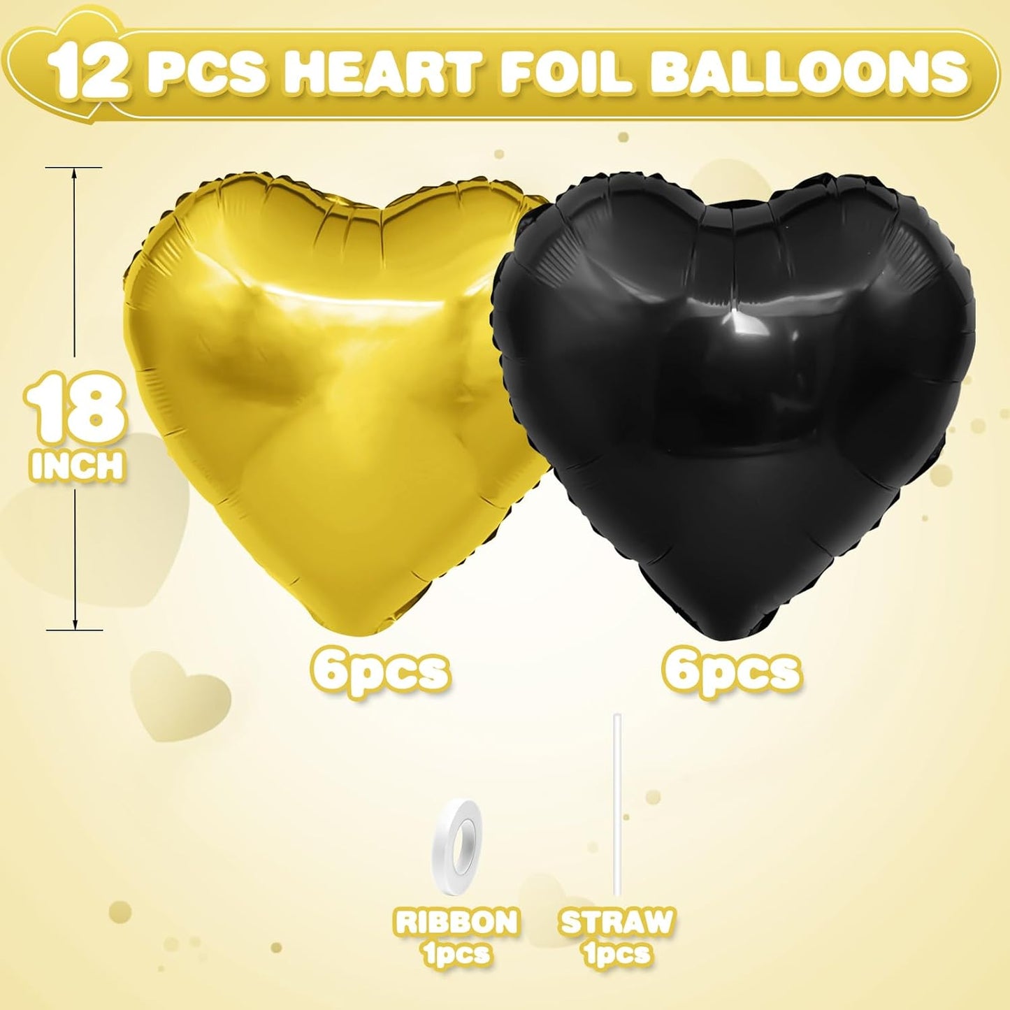 Black Gold Heart Balloons,12Pcs Black Heart Shaped Foil Balloons,18Inch Gold Helium Polyester Film Balloon for Baby Shower Birthday Anniversary Wedding Party Decorations