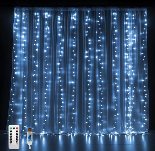 2 Pack Fairy Curtain Lights, 300 LED Upgraded Tangle-Free Hanging Lights with Remote, USB Plug in String Lights for Wall Window Wedding Party Xmas Home Décor - 9.8 x 9.8 Ft, Cool White