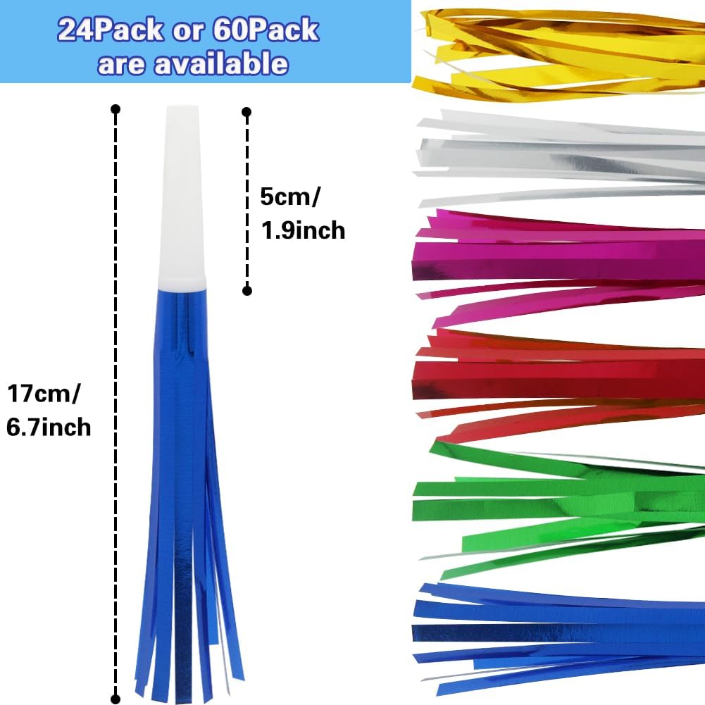 Lovecheer 24/60PCS Glitter Noise Makers Metallic Fringed Party Blowers for Adults Birthday Wedding Graduation 2025 New Years Musical Blowouts