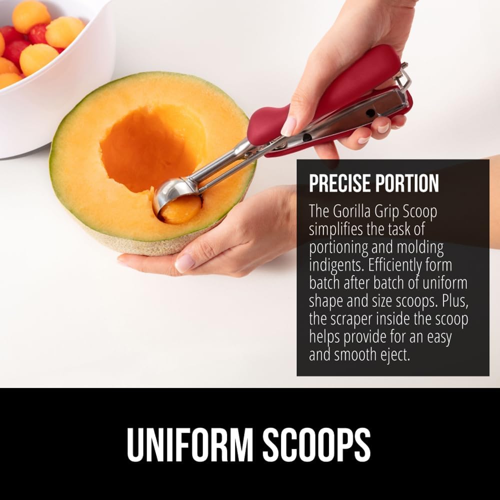 GORILLA GRIP Stainless Steel Cookie Scoop for Baking, 2 TBSP, Multipurpose Melon Baller, Meatball Spring Scoops, Perfect Portion Sizes, Easy Food Release, Scooper Size 40, BPA-Free Kitchen Tool, Red