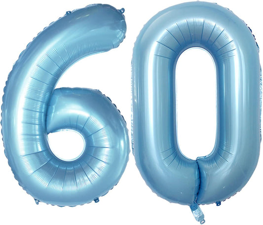 GOER Number 60 Balloons for 60th Birthday Party Decorations,42 Inch Jumbo Foil Helium Balloons for 60th Anniversary (Light Blue)