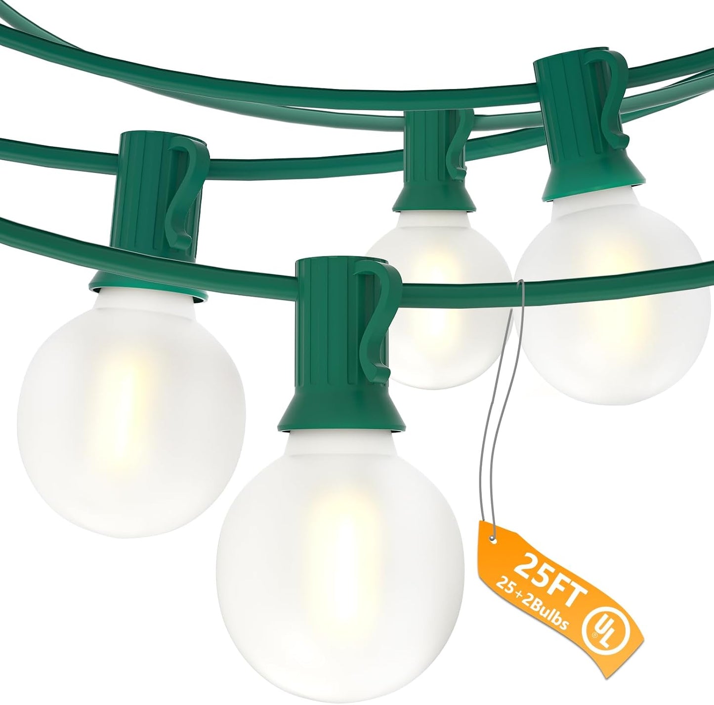 SUNSGNE 25Ft Globe Christmas Lights Outdoor, G40 LED Round Christmas Lights with 27 LED Frosted White Bulbs(2 Spare) for Yard Patio Garden Balcony Bistro Decor, Green Wire