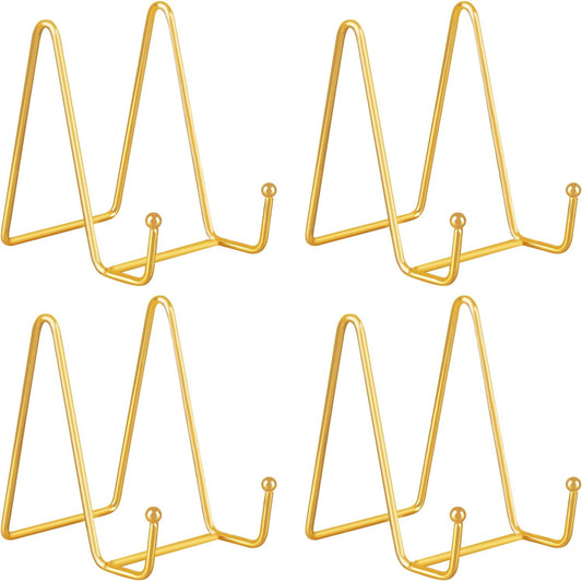 Decolore 4 Pack 4 Inch Display Stands Gold Plate Stands Metal Frame Holder Stand for Picture, Decorative Plate, Photo Easel, Artistic Work Display Stand, Picture Frames