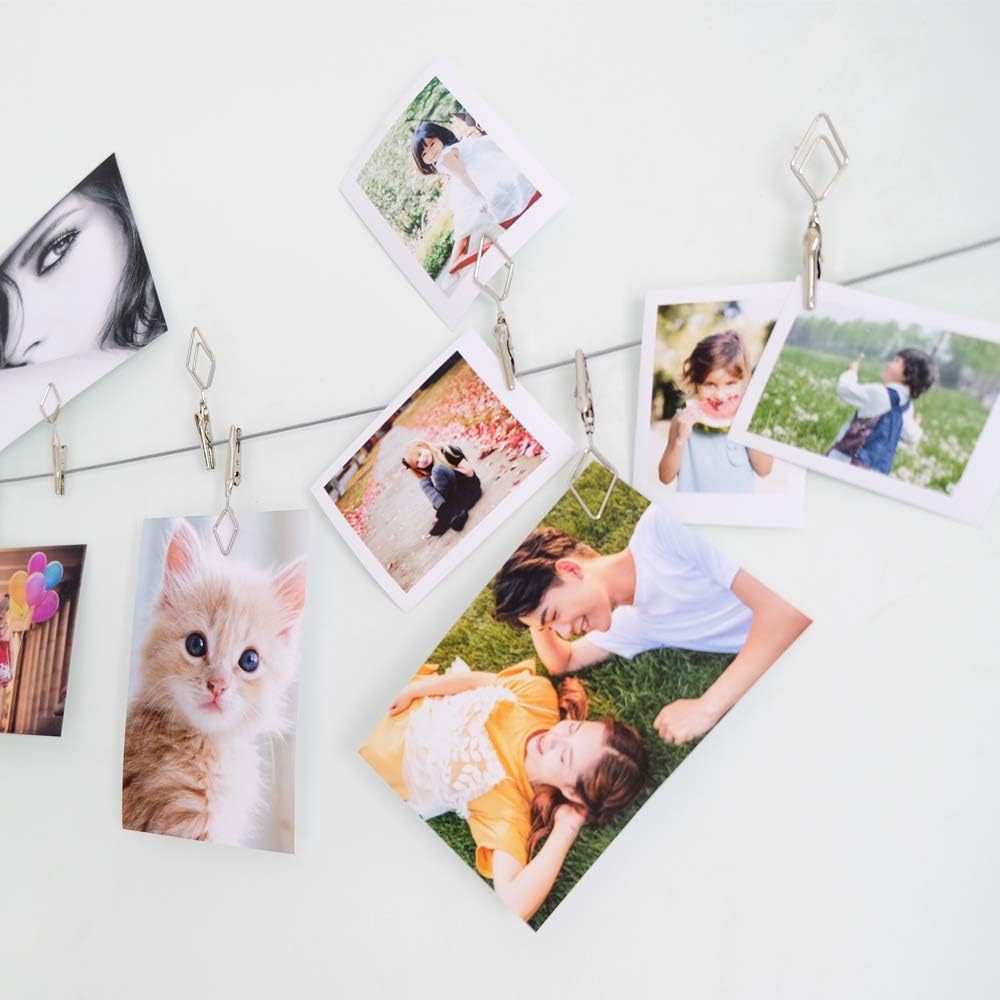 TFu Multi-Purpose Steel Wall Hanging Photo Display Cable Wire Rod with 12 Adjustable Clips for Hanging Photos Notes Postcard and Artworks (Rhombus)