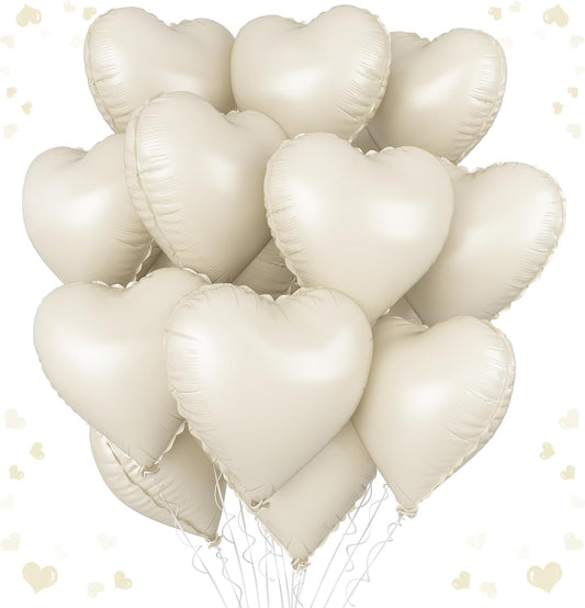 Cream Heart Balloons, 18 Inch Cream White Heart Shape Balloon, 12PCS Large Sand White Helium Foil Heart Romantic Balloon for Girls Birthday Baby Shower Wedding Engagement Anniversary Party Decoration
