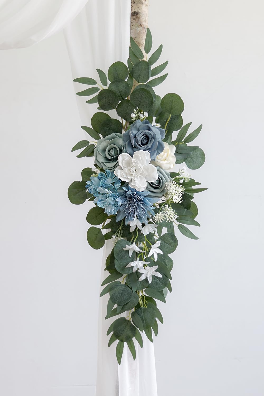 Light Blue Artificial Wedding Arch Flowers Kit (Pack of 3) with 26Ft White Shiny Arch Draping Fabric for DIY Wedding Party Ceremony Reception Backdrop Floral Decoration