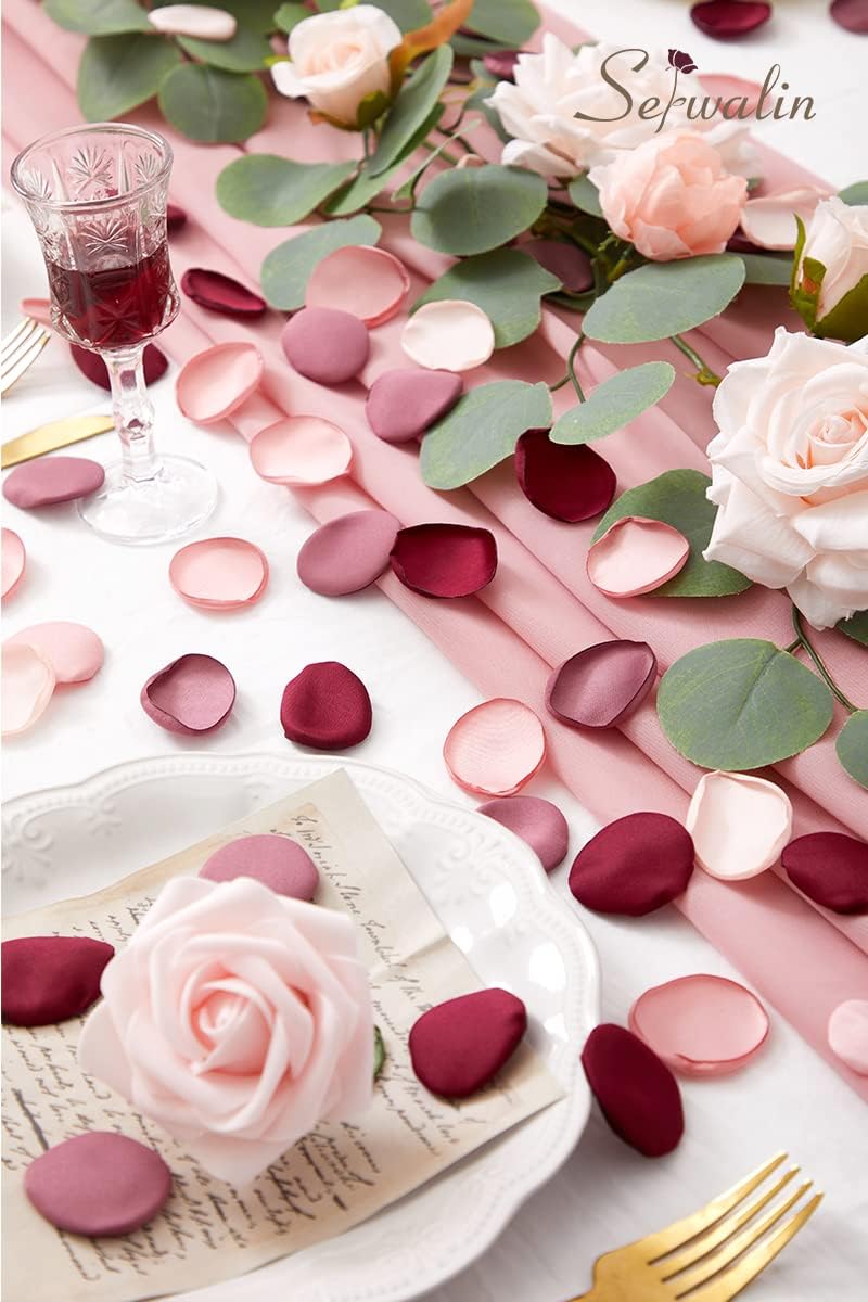 Serwalin 300pcs Silk Rose Petals Artificial Flower Petals for Weddings Burgundy Pink Petals Fake Petals Flower Girl Petals for Proposal Basket Aisle Runner Bridal Shower (4 Color Mixes)