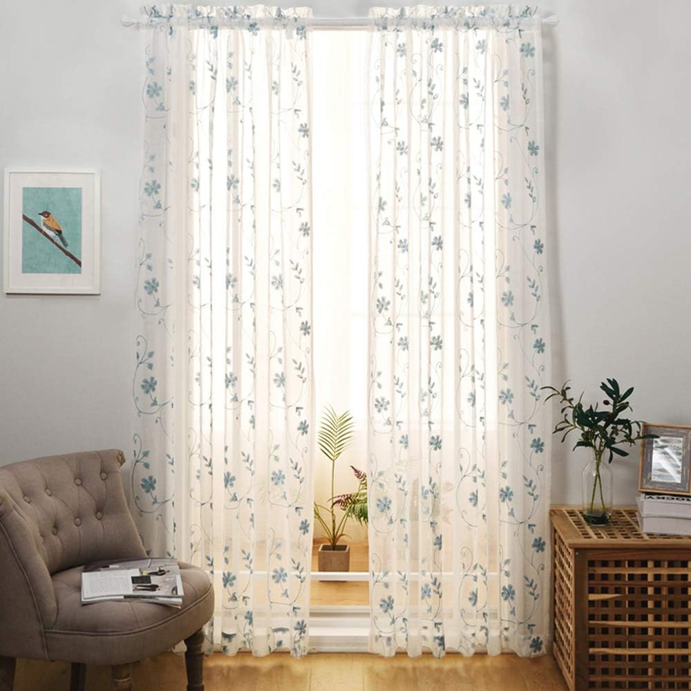 Floral Embroidery Sheer Curtains Blue 95 Inches Long, Window Treatments Rod Pocket Drapes for Living room, Bedroom, Semi Crinkle Voile Curtain Panels for Yard, Patio, Villa, Parlor, Set of 2, 52"x95".