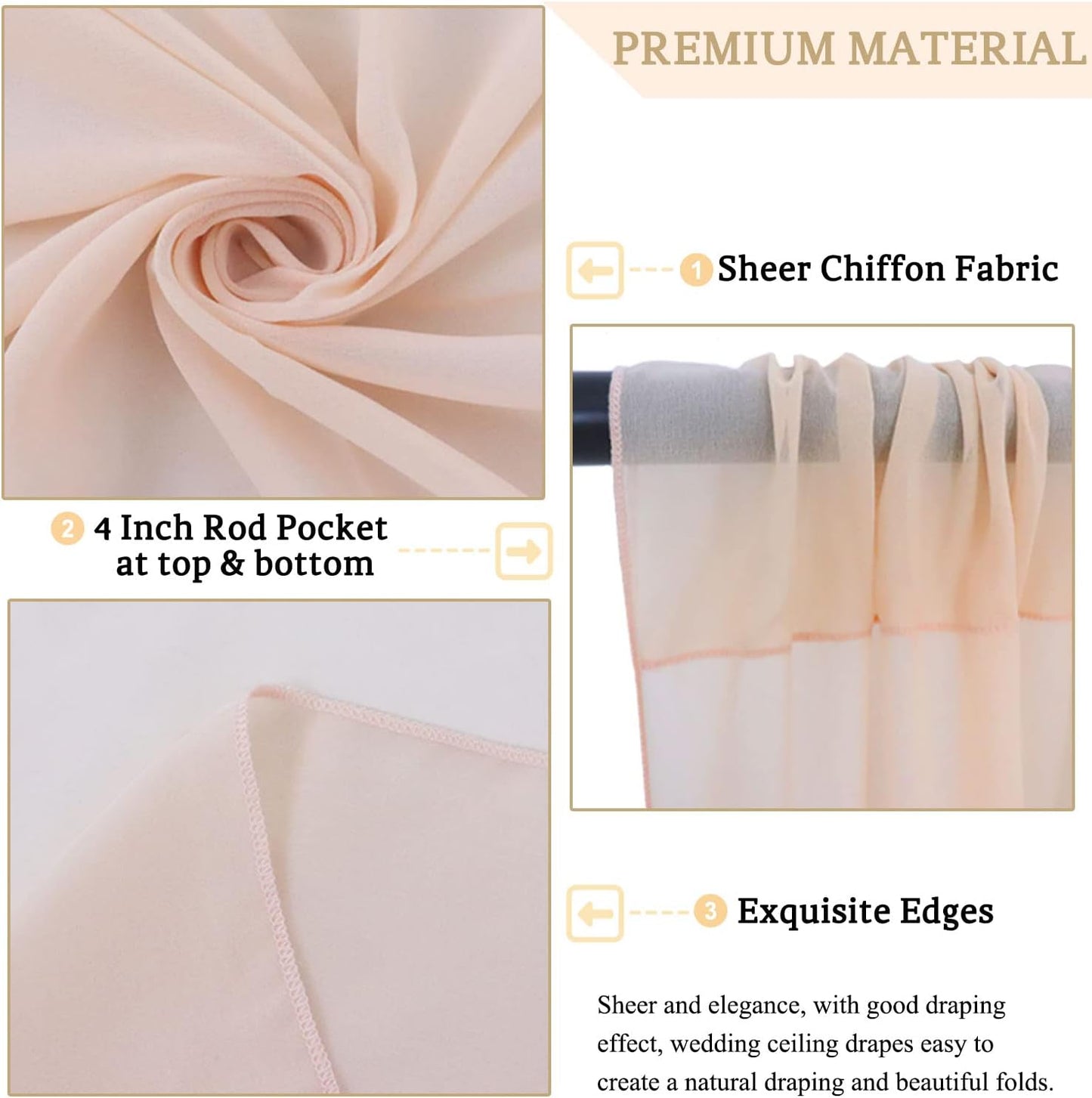 MODFUNS Champagne Ceiling Drapes for Parties 2 Panels 5FTx20FT Sheer Fabric for Draping Chiffon Curtain Ceiling Backdrop Wedding Arch Drapes Fabric Tulle Wedding Curtains Banquet Hall Tent Drapery