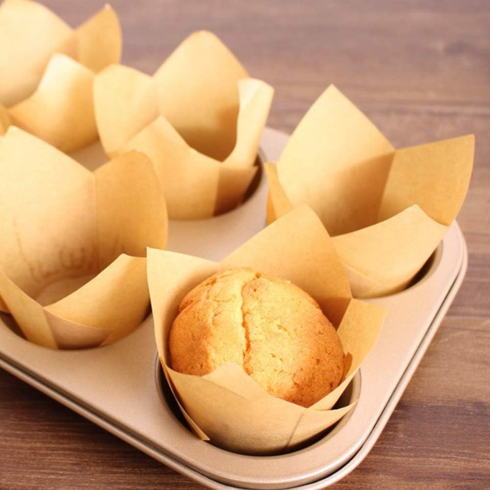 150pcs Tulip Cupcake Liners Natural Baking Cups Muffin Paper Liner Grease-Proof Wrappers for Wedding, Birthday Party, Standard Size, Natural Color