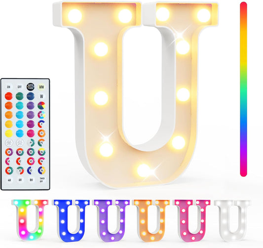 Pooqla Colorful Light Up Letters with Remote, Upgraded 35 Colors LED Marquee Letters, RGB Lighted Letter for Girls Teenager Gift, Birthday, Party, Wedding, Night Light, Room, Bedroom Decor, Letter U