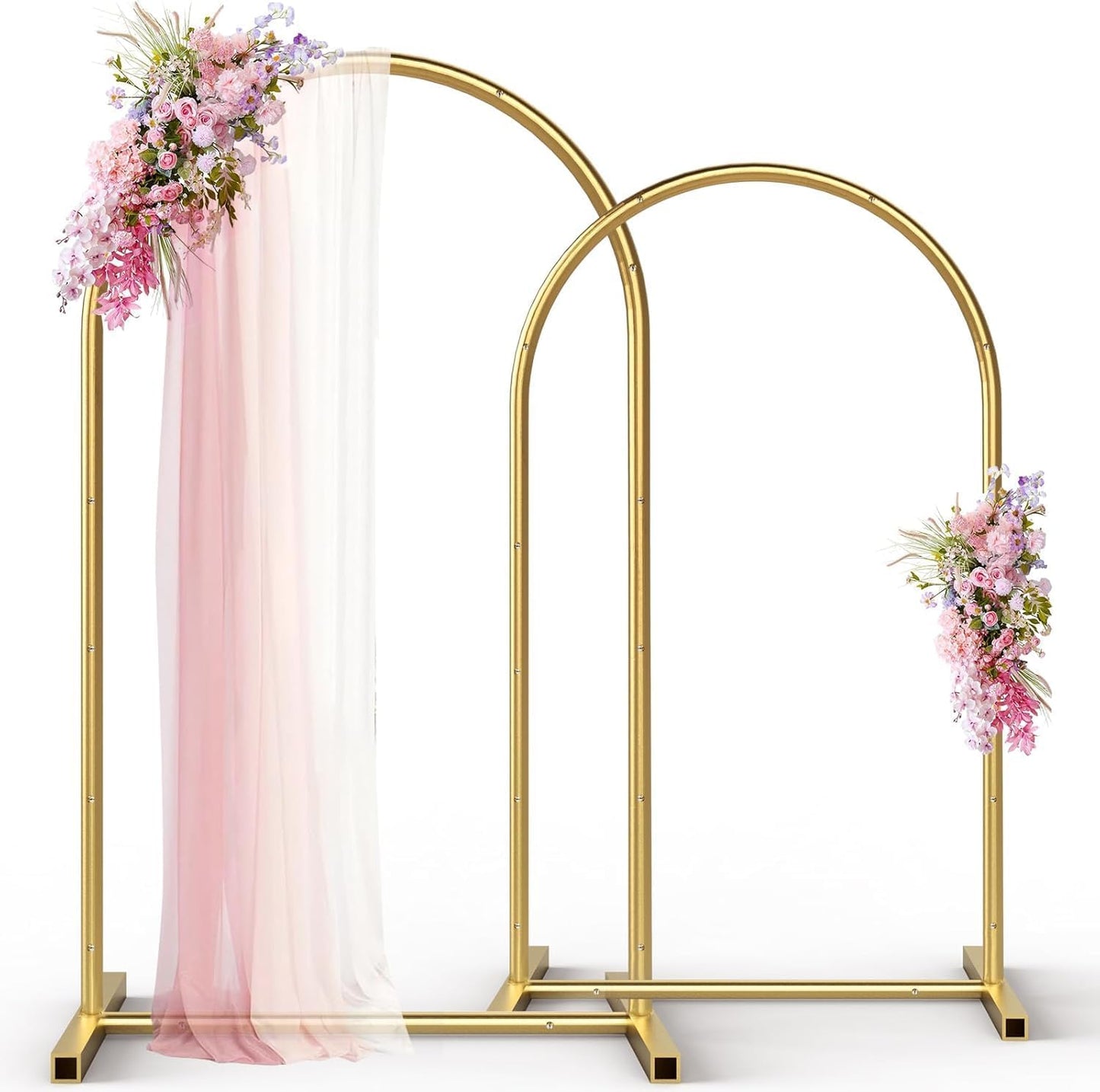 Gold Metal Arch Backdrop Stand Set of 2 with Balloons All Accessories Metal Arched Backdrop Frame for Chrismas Ceremony Parties Bithday Decoration (7.2FT, 6FT)
