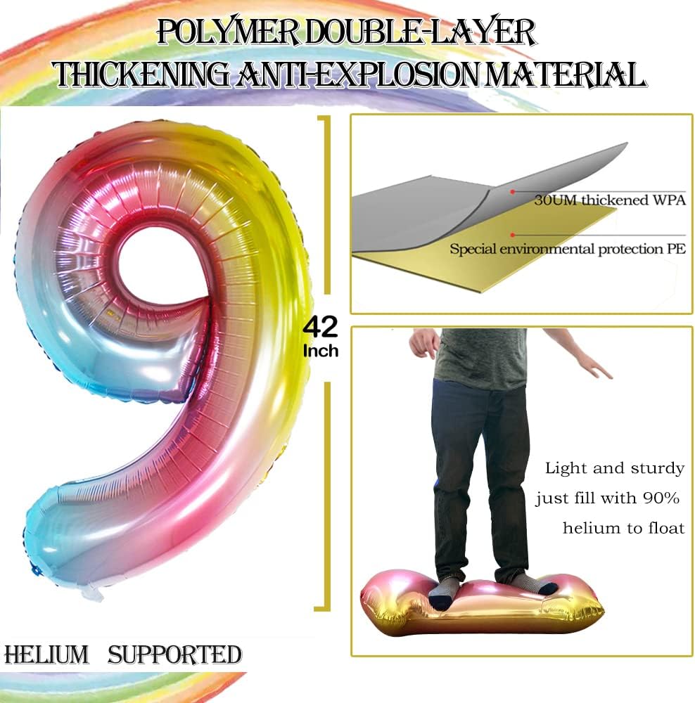 GOER Rainbow Foil Balloons Number 9,Huge Number Balloons for 9th Birthday Party Supplies Anniversary Decorations (3 pcs,42 inch,32 inch,16inch)